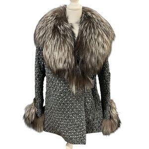 Womens Bubble Lambskin Leather Jacket Genuine Silver Fox Trim Size M Stretch